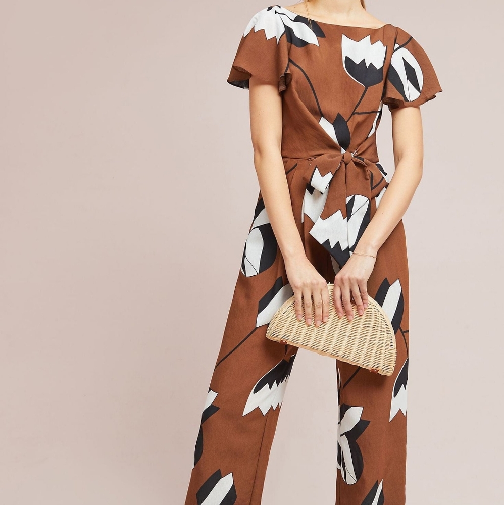 Anthropologie Eva Framco Miranda Jumpsuit Floral Size 2 Brown Black White Pocket